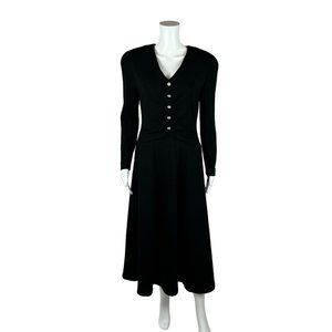 Vintage 80s Formal Dress Black Wool Long Sleeve Rhinestone Buttons Evening Gown